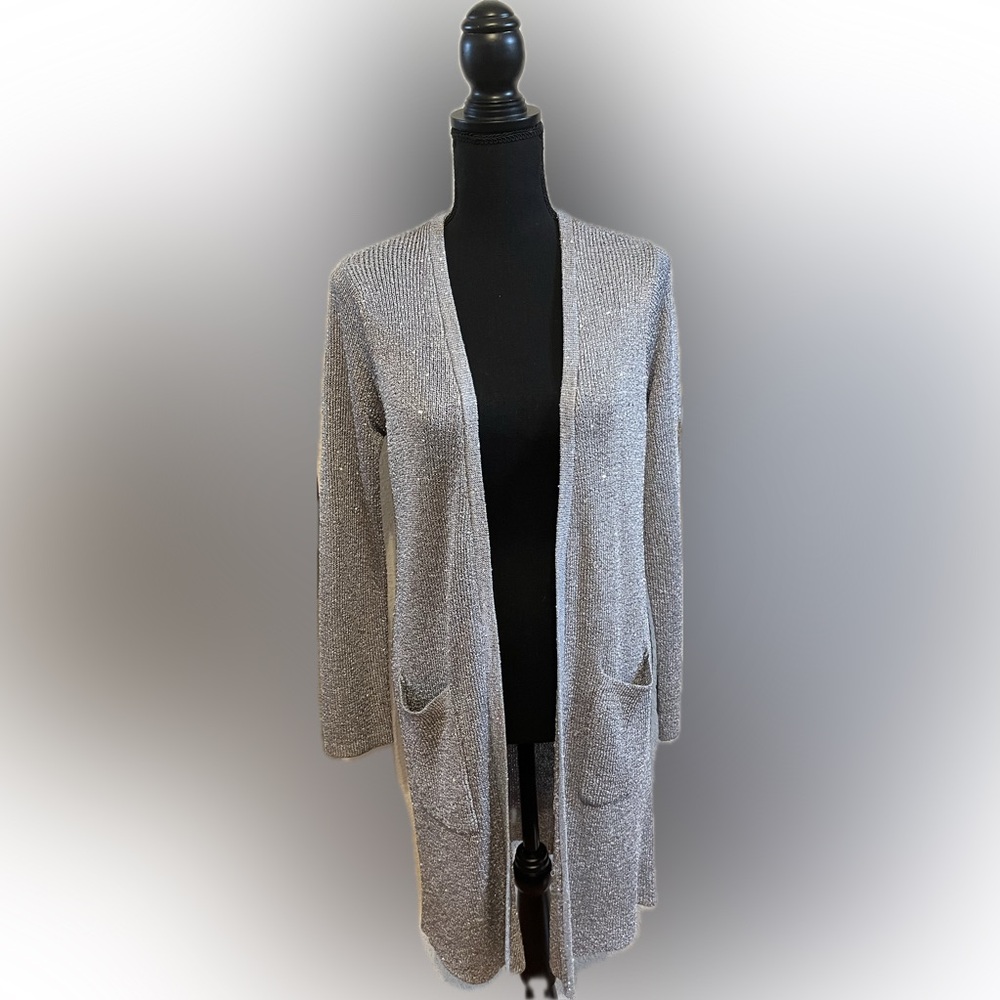 Preston & York Elegant Shimmering Women's Gray Open-Front Sweater Medium - Picture 1 of 6